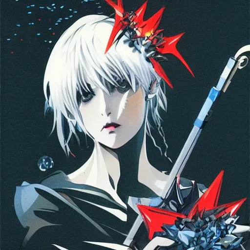 Prompt: a japanese girl with silver hair and blue eyes and demon horns holding an umbrella at night, shot from below, sparkling eyes, illustration by Yoji Shinkawa