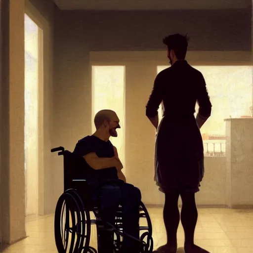 Image similar to a male patient in a wheelchair in the hospital with his wife and son standing by. happy, cheerful, smiling, intricate, face enhance, sharp focus, cinematic lighting, featured in artistation, 8 k, art by greg rutkowski, william adolphe bouguereau