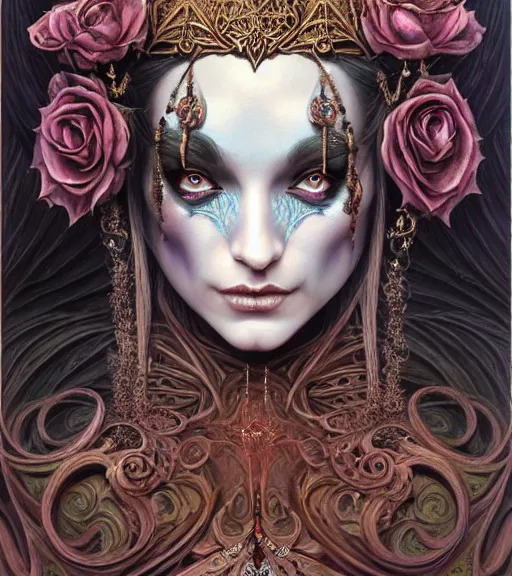 Image similar to symmetrical painting, a beautiful female witch queen in dress, pretty, detailed and intricate, perfect face, elegant, ornate, luxury, elite, matte painting, by artgrem, by james jean, by brian froud, by wayne barlowe