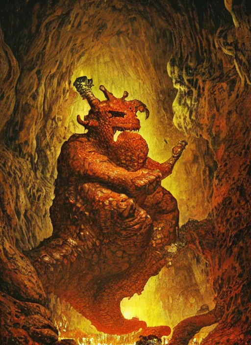 Prompt: monster in lava cave, by lawrence alma - tadema and zdzislaw beksinski and norman rockwell and jack kirby and tom lovell and greg staples, artstation creature art