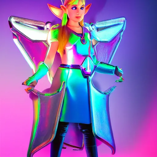 Prompt: princess zelda in a chrome futuristic style, neon accents, iridescent lighting, highly detailed 8k photo,