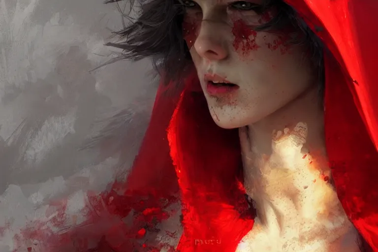 Image similar to red riding hood, wolf, close up, sunlit, paint texture, digital painting, highly detailed, artstation, sharp focus, illustration, concept art, ruan jia, charlie bowater, tom bagshaw, norman rockwell