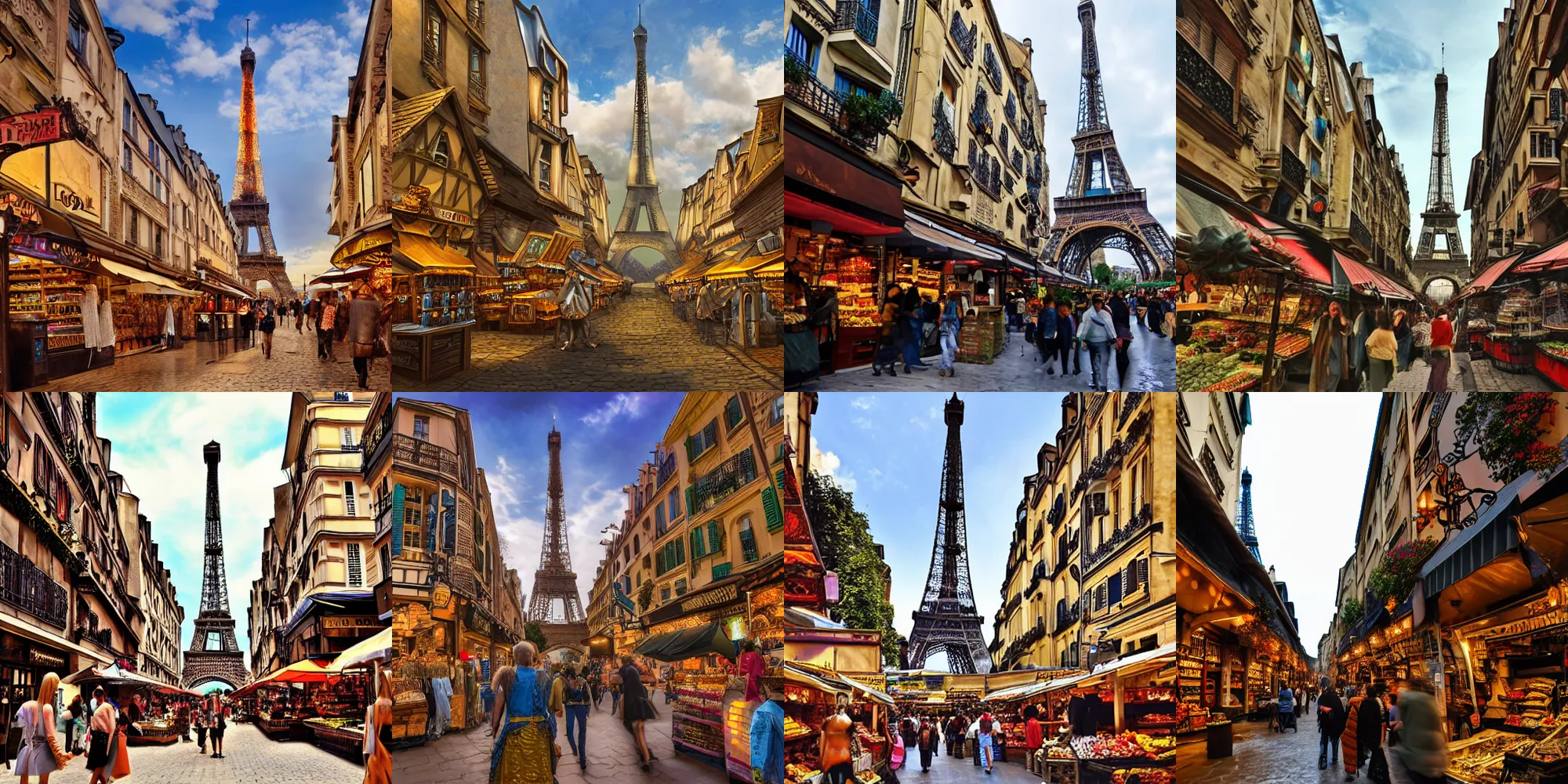 Prompt: medieval fantasy city, city street, shops, crowd, market, eiffel tower-inspired architecture