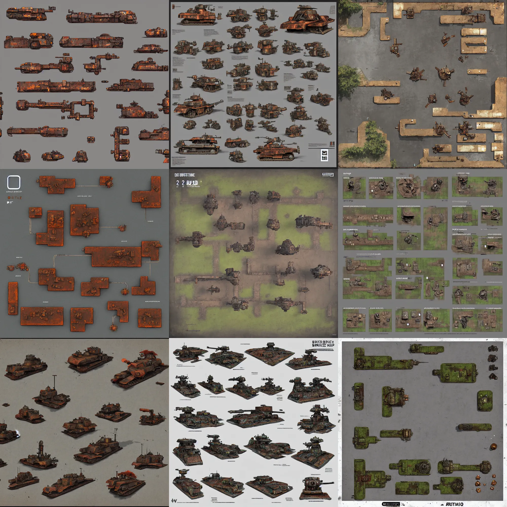 Prompt: 2 d square bird's eye view ttrpg map asset sheet, digital painted rusted dieselpunk tanks, 2 - minute tabletop, battle map prop, black background, unity asset store, by greg rutkowski, trending on artstation