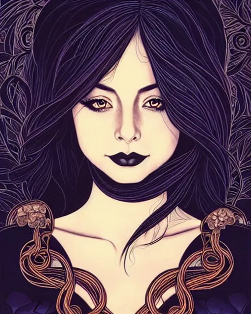 Prompt: style of audrey kawasaki, artgerm : : gorgeous willa holland : : evil witch, swirling black magic, black dress : : symmetrical face, symmetrical eyes : : full body pose : : gorgeous black hair : : magic lighting, low spacial lighting : :