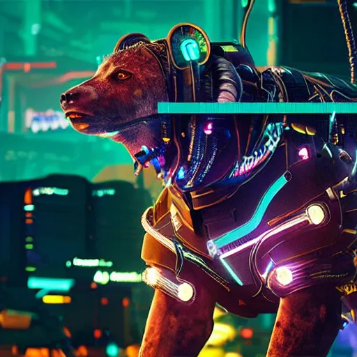 Image similar to cyborg hyena in cyberpunk 2 0 7 7, multiple wires and metal exposed, neon lights, volumetric lighting