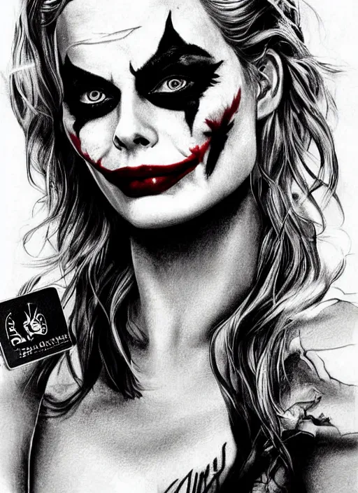 Image similar to tattoo design of margot robbie with joker makeup, ace card, in the style of rob richardson, realistic face, black and white, realism tattoo, hyper realistic, highly detailed