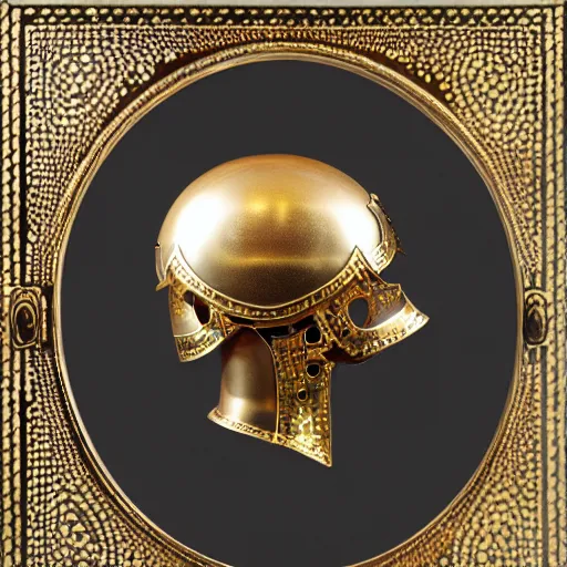 Image similar to symmetrical product photograph of a highly detailed ominous helmet made from animal skulls and gold inlay, damaged