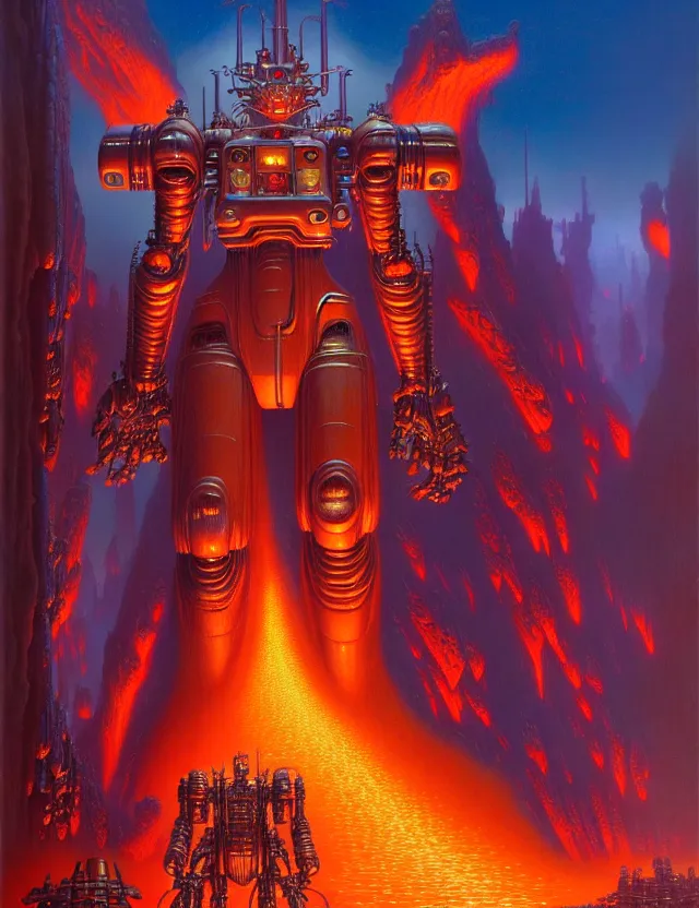 Prompt: a giant fire mecha, tim hildebrandt, wayne barlowe, bruce pennington, donato giancola, trending on artstation, cinematic composition, beautiful lighting, hyper detailed, 8 k, oil on canvas