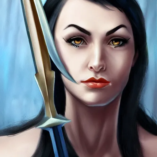 Prompt: portrait of a female black haired half - elves with two swords and pointy ears