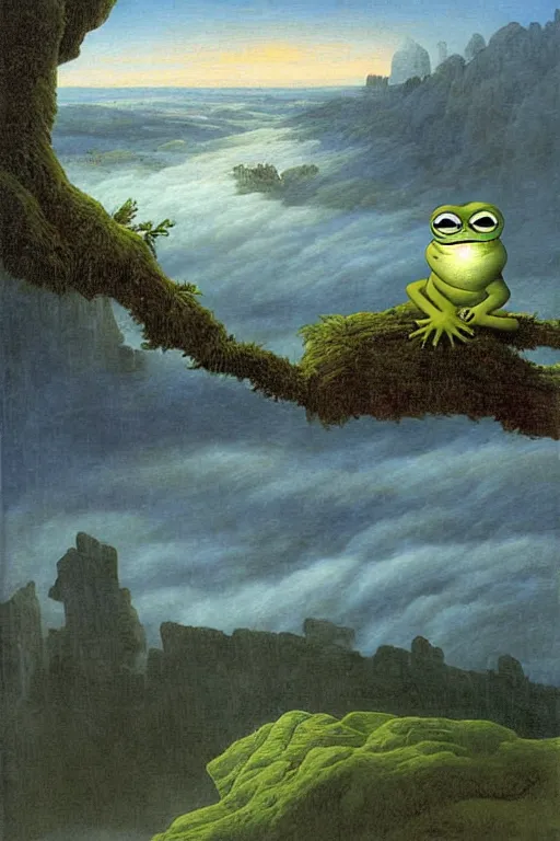 Image similar to Pepe the Frog in painting Wanderer above the Sea of Fog by Caspar David Friedrich,