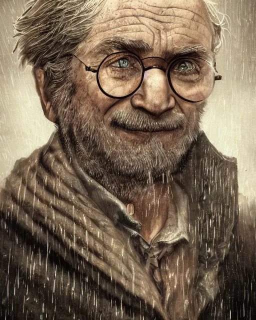 Prompt: a highly detailed portrait of Harry Potter as an old man, head and shoulders portrait, intricate, digital painting, old english, raining, sepia, particles floating, whimsical background by marc simonetti, artwork by ramond swanland and liam wong