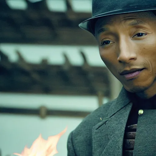 Image similar to cinematic film still Pharrell Williams starring as a Samurai holding fire, Japanese CGI, VFX, 2003, 40mm lens, shallow depth of field,film photography