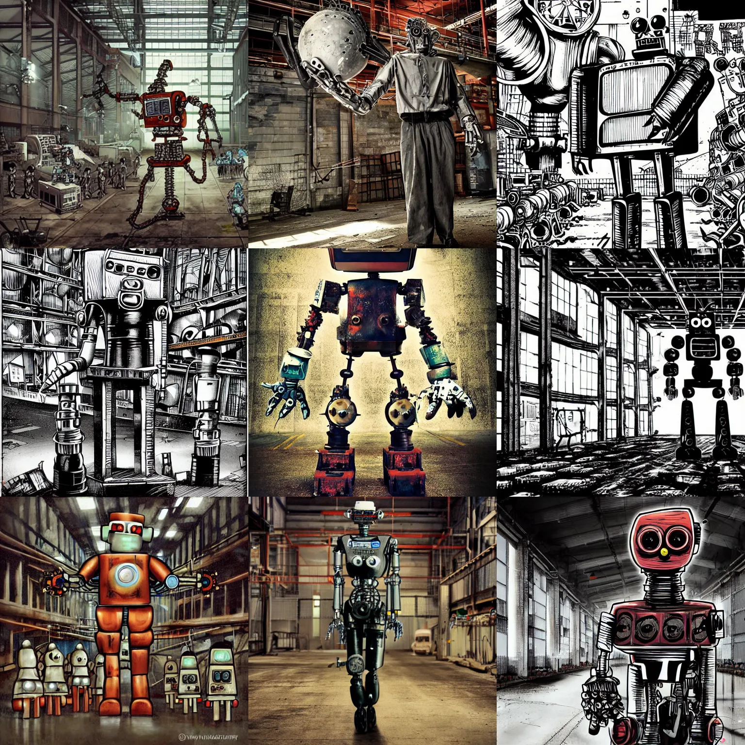 Prompt: robot mad scientist in a huge rusty warehouse, creating a robot army, raygun gothic, atomic punk