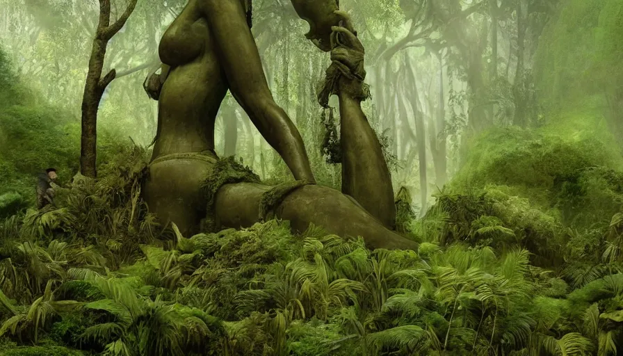 Prompt: concept art of an enormous statue of a headless goddess meditating at night, deep in the jungle, overgrown, covered in moss, ambient lighting, mist