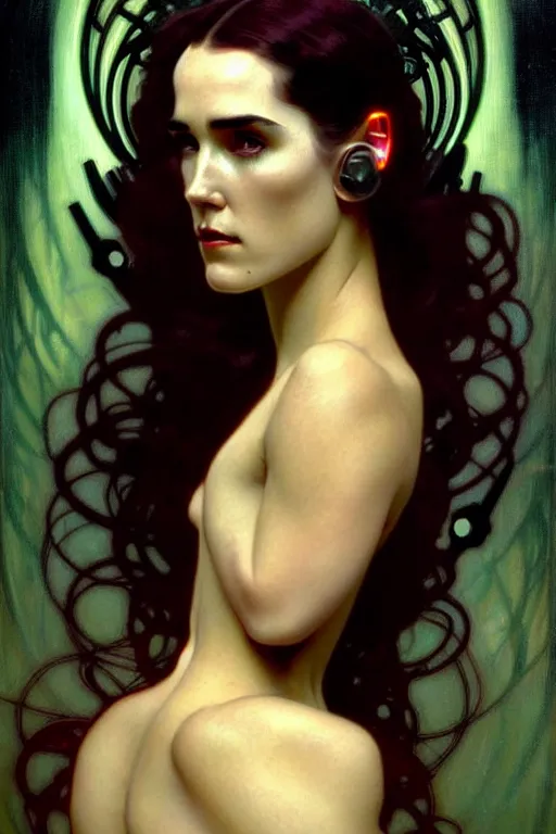 Image similar to young and beautiful evil cyborg jennifer connelly by future steichen in the style of tom bagshaw, alphonse mucha, gaston bussiere, cyberpunk. anatomically correct elegant cybernetic body mods. extremely lush detail. masterpiece. melancholic scene infected by night. perfect composition and lighting. sharp focus. high contrast lush surrealistic photorealism. sultry evil plan.