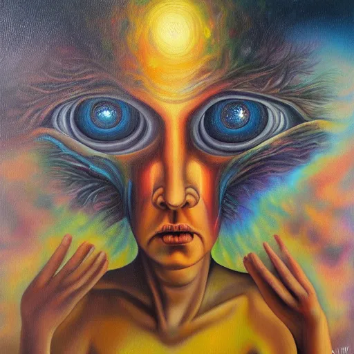 Prompt: fear psychosis in oil paint, surrealist highly detailed at, astral ethereal, trending on art station, masterpiece, visionary art, emotional oil painting