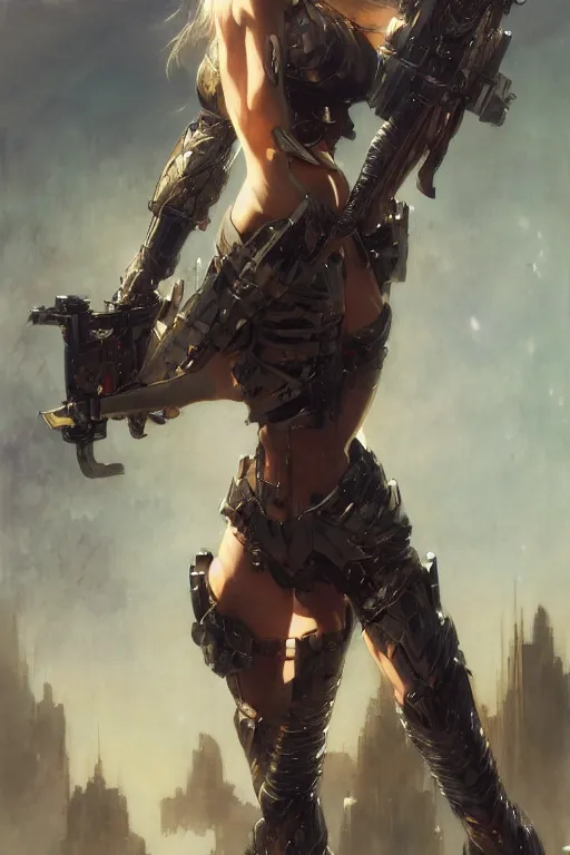 Prompt: full body girl hitomi tanaka metal armor holding a gunsword dramatic poses beautifull face no blur painting by gaston bussiere, greg rutkowski, yoji shinkawa, tim hildebrandt, sharp, details, hd, 8 k