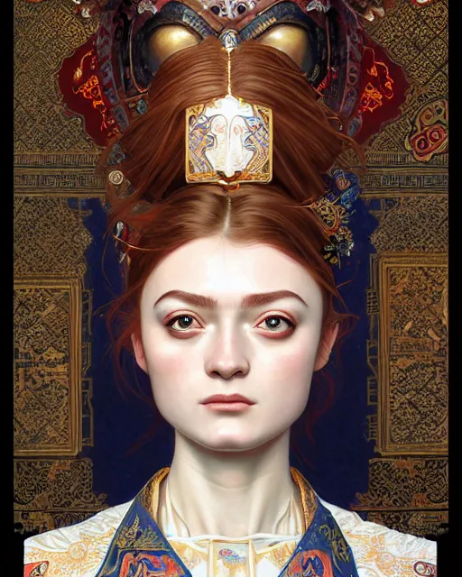 Prompt: portrait of a turkish masculine female sadie sink cyberpunk machine, machine face, upper half portrait, decorated with ottoman opera motifs, muscular, asian, fine china, wuxia, traditional chinese art, intricate intense elegant, highly detailed symmetry headpiece digital painting artstation concept art smooth sharp focus illustration, art by artgerm and greg rutkowski alphonse mucha 8 k