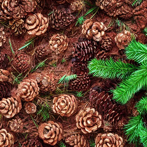 Image similar to photography color correction chart laid on top of mulch with pinecones, unreal engine, 8 k, tileable