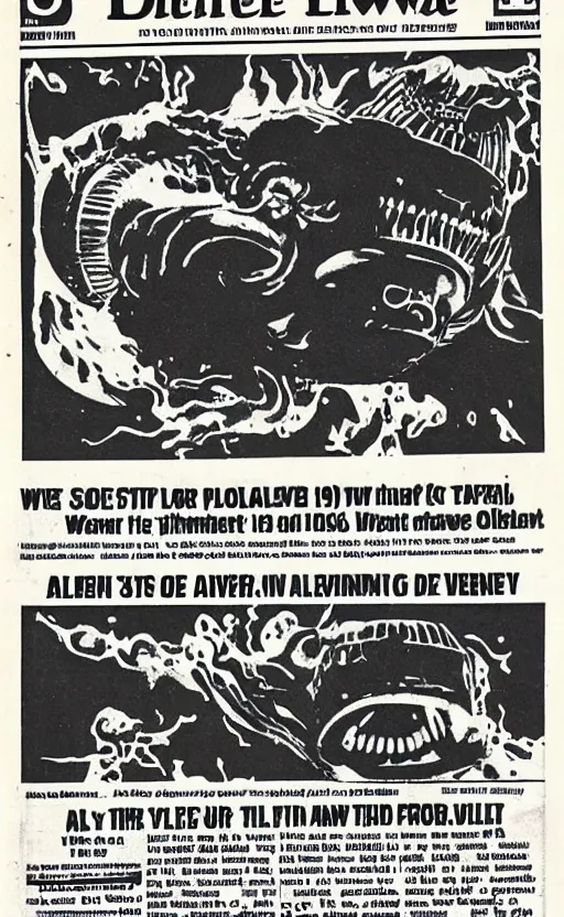 Image similar to 1 9 7 0 s newspaper front page, alien invasion