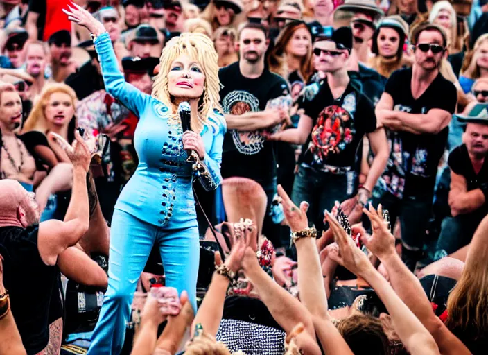 Image similar to photo still of dolly parton at the vans warped tour 2 0 1 8!!!!!!!! at age 3 6 years old 3 6 years of age!!!!!!!! stage diving into the crows, 8 k, 8 5 mm f 1. 8, studio lighting, rim light, right side key light