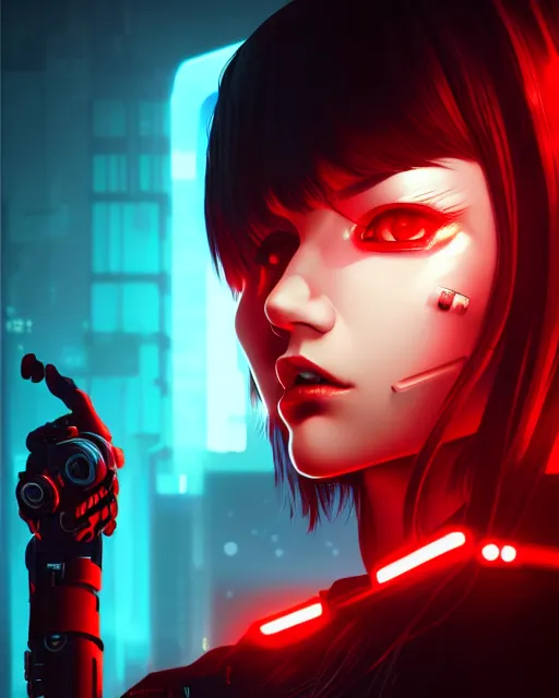 Image similar to a detailed potrait of a cyberpunk cyborg girl with black and red parts, perfect face, realistic shaded perfect face, detailed. night setting. very anime style. realistic shaded lighting poster by ilya kuvshinov katsuhiro, unreal engine, global illumination, radiant light, detailed and intricate environment