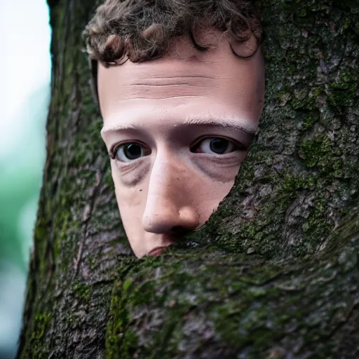 Prompt: high quality photo of mark zuckerberg hiding behind a tree, photography 4k, f1.8 anamorphic, bokeh, 4k, Canon, Nikon