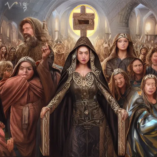 Image similar to powerful female wizard, surrounded by religious followers, featured on artstation, 8k highly detailed, intricate oil painting, concept art, photorealistic, 3d