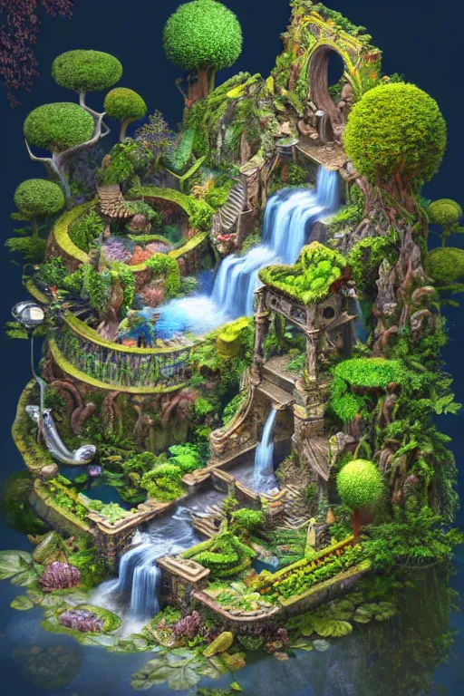 Image similar to isometric view of a fantastical garden with waterfalls and giant trees, by Andrei Riabovitchev, Shaun Tan, Peter Mohrbacher and Takayuki Takeya, ancient ornate intricate, cinematic, realistic, intricate detail, finely detailed, small details, extra detail, photorealistic, high resolution, 3D, PBR, blue light, path tracing, volumetric lighting, octane render, arnold render, 8k