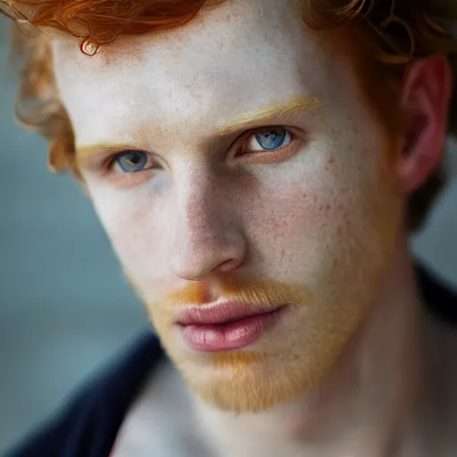 Prompt: color portrait of a very pale, freckly, ginger male model by emmanuel lubezki