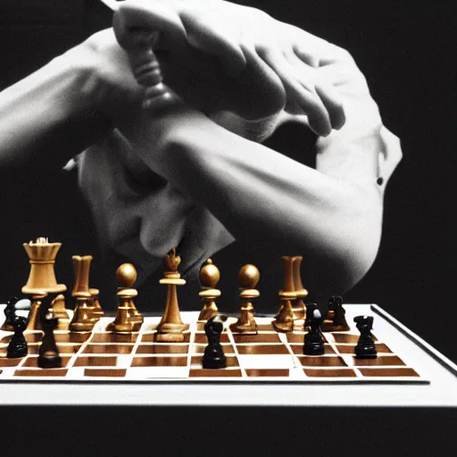 Image similar to filmstill of Marcel Duchamp playing chess against a futuristic machine, long exposure, minimal composition, packshot, archival pigment print