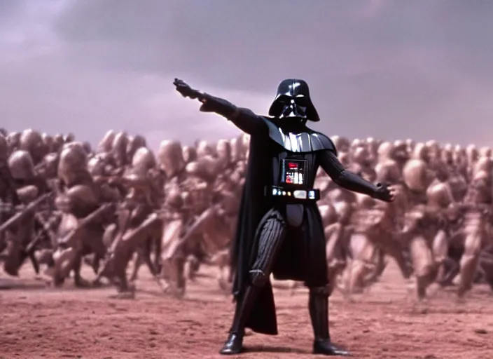 Image similar to film still of Darth Vader as Maximus in the arena with his arms up in Gladiator 2000, 4k