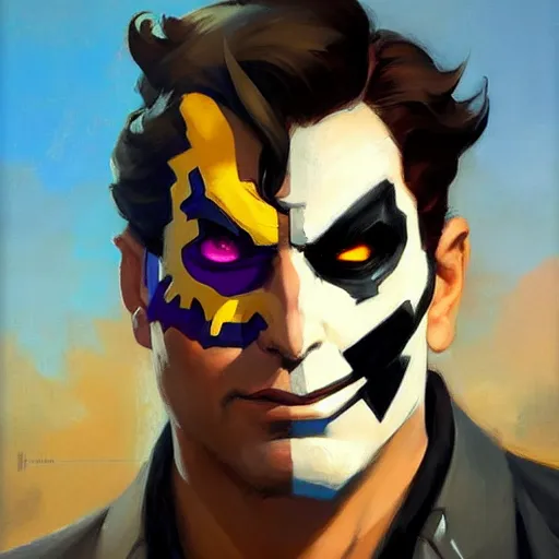 Image similar to Greg Manchess portrait painting of two face as Overwatch character, medium shot, asymmetrical, profile picture, Organic Painting, sunny day, Matte Painting, bold shapes, hard edges, street art, trending on artstation, by Huang Guangjian and Gil Elvgren and Sachin Teng