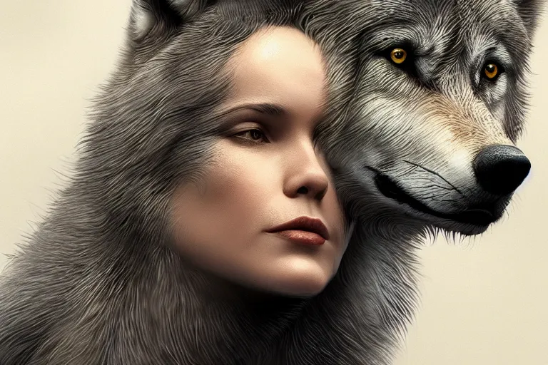 Prompt: woman living with wolves, highly detailed, photorealistic, reflections, smooth, sharp focus, concept art, illustration, beautiful, geometric, trending on artstation, cinematic, featured on behance , artwork by WLOP and Tran, Ross