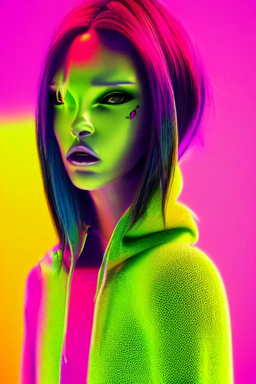 Image similar to stylish pullover for a rave, bright colors, many details, prints, photo for a magazine, photo for a store, fashion photography, Vogue, cinematic, hyper realism, high detail, octane render, 8k, very coherent symmetrical work, perfect face model, full length photo, Upper and lower body, even skin tone,Soft shadows on the face, white eyes, photographer style by Nik Night Erik Madigan Hec and Walter Chin and Camilla Akrans and Miles Aldridge