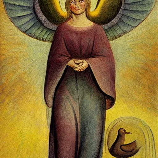 Prompt: terrifying biblical angel holding a duck, by jean deville, by william blake, oil on canvas