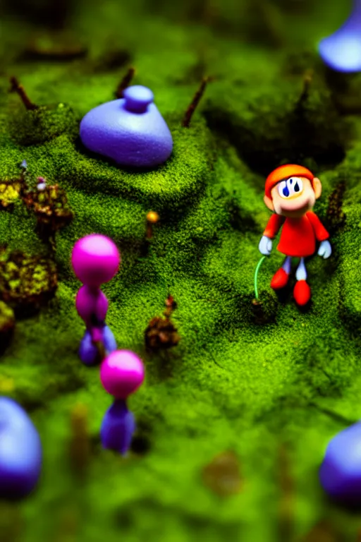 Image similar to claymation nintendo's pikmin on a forest floor, tilt shift photography