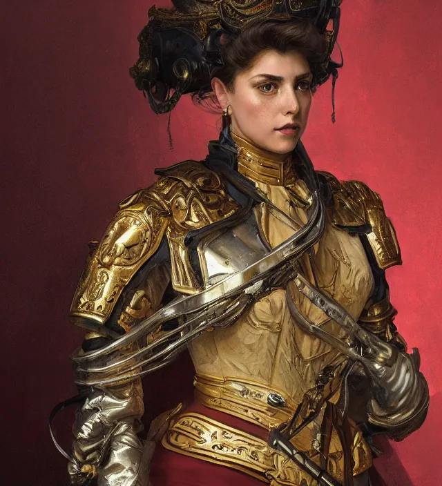 Image similar to portrait of a napolitano woman wearing a traditional nineteenth century kingdom of naples military jacket, metal shoulder pauldrons, intricate, highly detailed, digital painting, artstation, concept art, sharp focus, cinematic lighting, illustration, art by artgerm and greg rutkowski, alphonse mucha, cgsociety