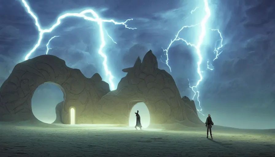 Image similar to a glowing magical portal inside a sand tsunami fantasy time in the desert to another dimension, focus gate, portal, a man watching over, lightning, by caspar david friedrich by james gilleard and justin gerard, artstation, smooth, sharp focus, by jean baptiste, octane render