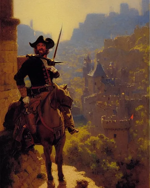 Prompt: attractive musketeer watches an army approach, he is on a castle wall, painting by gaston bussiere, craig mullins, j. c. leyendecker