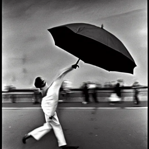 Prompt: the man leaping with umbrella, by henri cartier bresson,
