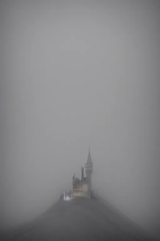 Image similar to long exposure photo of a fantasy castle in the fog, by Frank Zappa, Gottfried Helnwein, Isaac Levitan