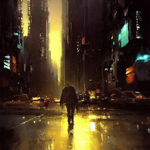 Image similar to beautiful cyberpunk cityscape, sun setting, volumetric clouds, painting by jeremy mann