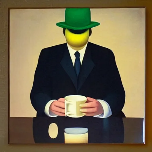 Prompt: “king drinking a cup of tea by Magritte, 8k, highly detailed”