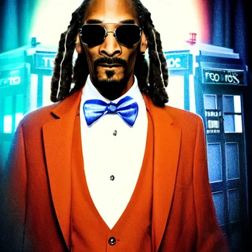 Prompt: snoop dogg as a young man with a beard in a dark blue trenchcoat with an orange bowtie as the new doctor who, cinematic, volumetric lighting, f 8 aperture, cinematic eastman 5 3 8 4 film, photorealistic