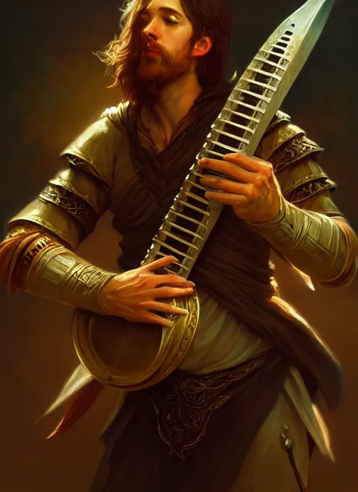 Image similar to male bard playing lute, full body, hyper realistic, extremely detailed, dnd character art portrait, dark fantasy art, intricate fantasy painting, dramatic lighting, vivid colors, deviantart, artstation, by clyde caldwell and krenz cushart and artem demura and john williams waterhouse