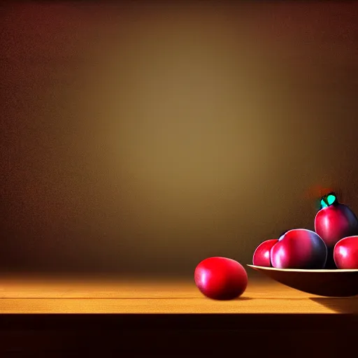 Image similar to concept art of a single bowl filled with a few moist freshly picked plums on a wooden table. digital painting. volumetric lighting. small scale. artistic. trending on artstation.