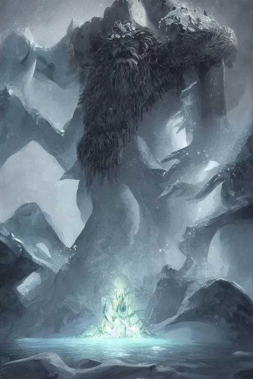 Image similar to north mythology concept art painting of ice gigant ymir the ancestor of all giants by james gurney, trending on artstation, detailed