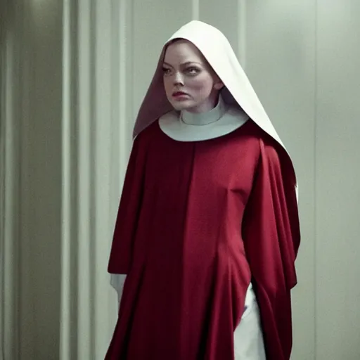 Image similar to A full body shot of Emma Stone dressed as a nun , catholic , high quality, fully detailed, 4k, inspired by handmaid's tale